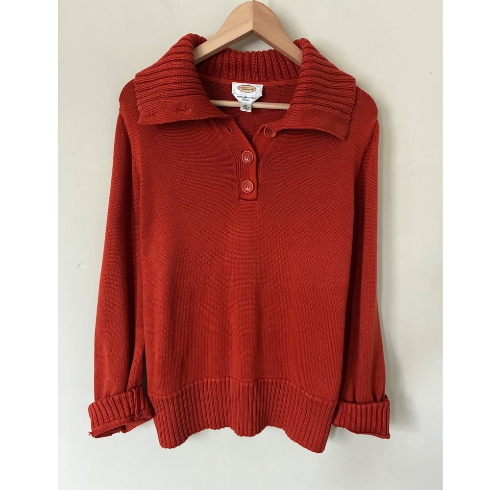 Talbots Vintage Burnt Orange Mercerized Cotton Henley Sweater‎ XL Fall Ribbed